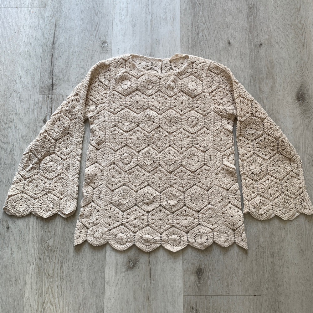 Solitaire Cream Crochet Tunic Top Size S Boho Bell Sleeve Open Knit boho y2K